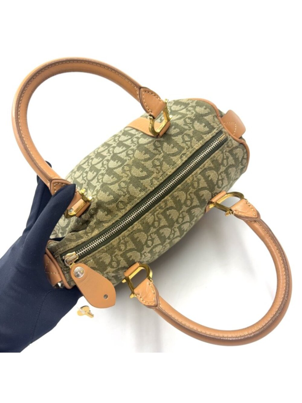Dior Trotter Mini Leather Canvas Khaki Green Light Brown Boston Bag Gold - Picture 8 of 15